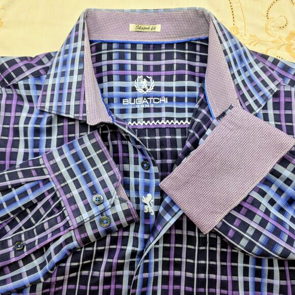 BUGATCHI UOMO PURPLE PLAID FLIP CUFF Shaped Fit XL - Picture 1 of 8